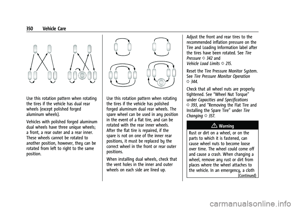 GMC SIERRA 2023  Owners Manual GMC Sierra/Sierra Denali 2500 HD/3500 HD Owner Manual (GMNA-
Localizing-U.S./Canada-16504257) - 2023 - CRC - 5/18/22
350 Vehicle Care
Use this rotation pattern when rotating
the tires if the vehicle h