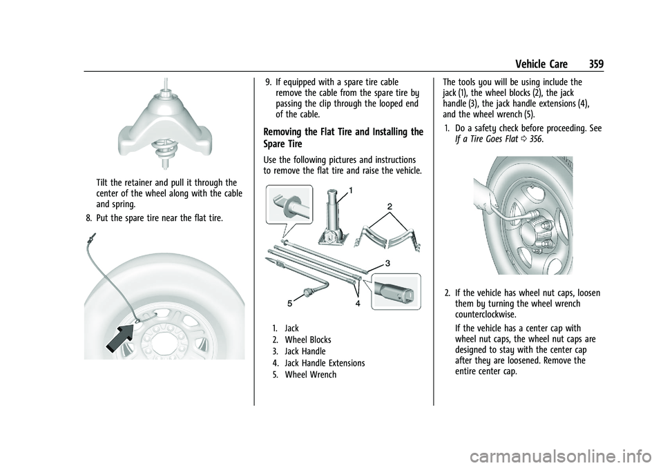 GMC SIERRA 2023  Owners Manual GMC Sierra/Sierra Denali 2500 HD/3500 HD Owner Manual (GMNA-
Localizing-U.S./Canada-16504257) - 2023 - CRC - 5/18/22
Vehicle Care 359
Tilt the retainer and pull it through the
center of the wheel alon