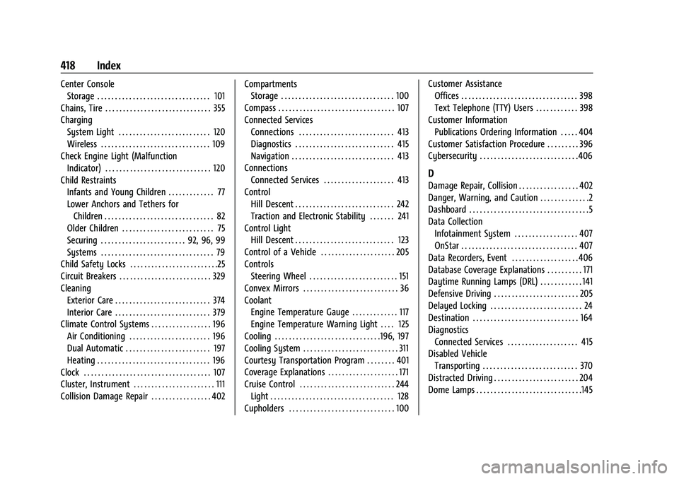 GMC SIERRA 2023  Owners Manual GMC Sierra/Sierra Denali 2500 HD/3500 HD Owner Manual (GMNA-
Localizing-U.S./Canada-16504257) - 2023 - CRC - 5/9/22
418 Index
Center ConsoleStorage . . . . . . . . . . . . . . . . . . . . . . . . . . 