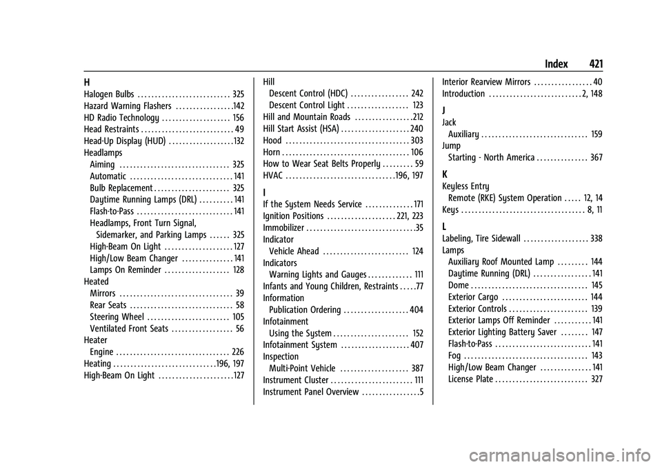 GMC SIERRA 2023 Owners Manual GMC Sierra/Sierra Denali 2500 HD/3500 HD Owner Manual (GMNA-
Localizing-U.S./Canada-16504257) - 2023 - CRC - 5/9/22
Index 421
H
Halogen Bulbs . . . . . . . . . . . . . . . . . . . . . . . . . . . 325
GMC SIERRA 2023 Owners Manual GMC Sierra/Sierra Denali 2500 HD/3500 HD Owner Manual (GMNA-
Localizing-U.S./Canada-16504257) - 2023 - CRC - 5/9/22
Index 421
H
Halogen Bulbs . . . . . . . . . . . . . . . . . . . . . . . . . . . 325