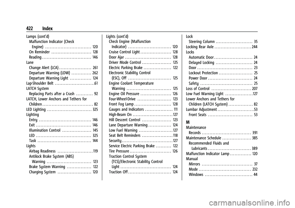 GMC SIERRA 2023 Workshop Manual GMC Sierra/Sierra Denali 2500 HD/3500 HD Owner Manual (GMNA-
Localizing-U.S./Canada-16504257) - 2023 - CRC - 5/9/22
422 Index
Lamps (cont'd)Malfunction Indicator (Check
Engine) . . . . . . . . . .