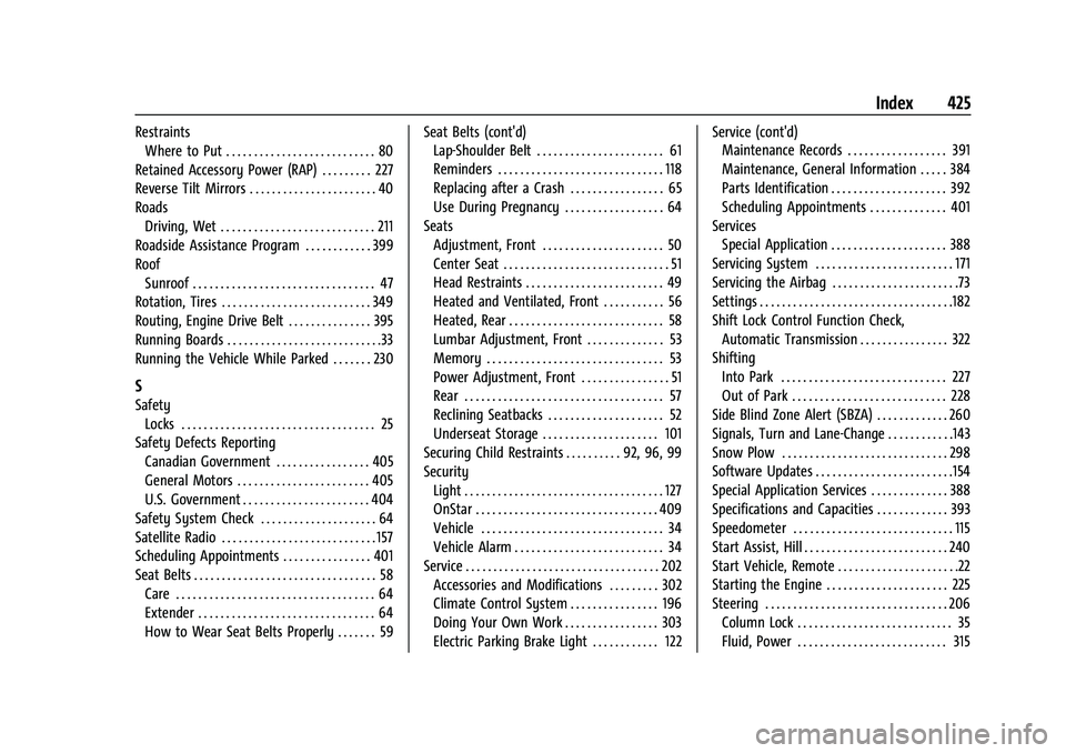 GMC SIERRA 2023 Workshop Manual GMC Sierra/Sierra Denali 2500 HD/3500 HD Owner Manual (GMNA-
Localizing-U.S./Canada-16504257) - 2023 - CRC - 5/9/22
Index 425
RestraintsWhere to Put . . . . . . . . . . . . . . . . . . . . . . . . . .