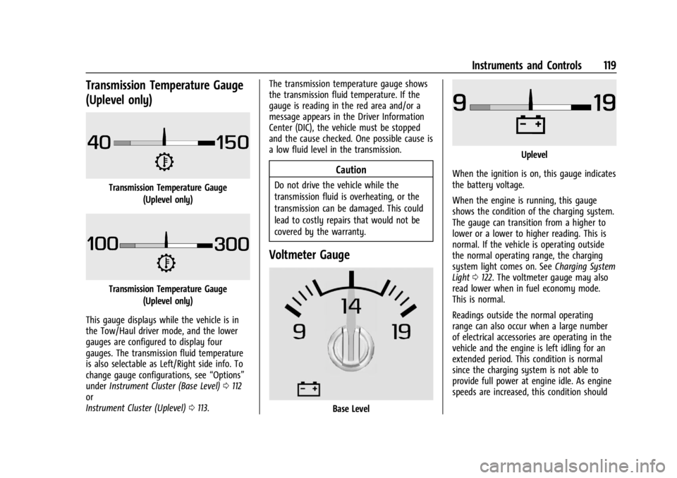 GMC SIERRA 2024 Owners Manual GMC Sierra/Sierra Denali 2500 HD/3500 HD Owner Manual (GMNA-
Localizing-U.S./Canada-16908340) - 2024 - CRC - 12/15/22
Instruments and Controls 119
Transmission Temperature Gauge
(Uplevel only)
Transmi GMC SIERRA 2024 Owners Manual GMC Sierra/Sierra Denali 2500 HD/3500 HD Owner Manual (GMNA-
Localizing-U.S./Canada-16908340) - 2024 - CRC - 12/15/22
Instruments and Controls 119
Transmission Temperature Gauge
(Uplevel only)
Transmi