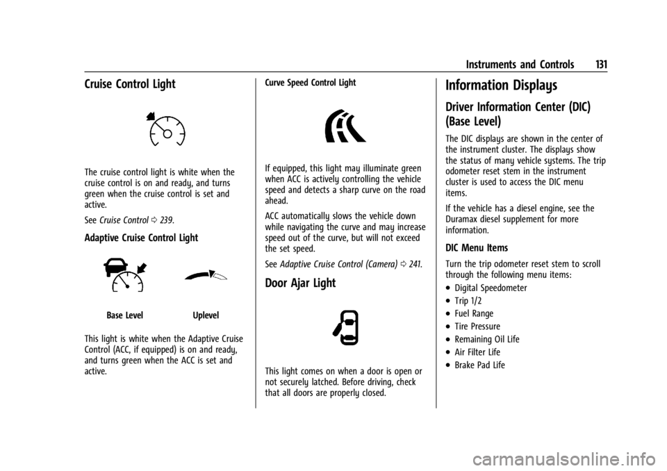 GMC SIERRA 2024 Owners Manual GMC Sierra/Sierra Denali 2500 HD/3500 HD Owner Manual (GMNA-
Localizing-U.S./Canada-16908340) - 2024 - CRC - 12/15/22
Instruments and Controls 131
Cruise Control Light
The cruise control light is whit GMC SIERRA 2024 Owners Manual GMC Sierra/Sierra Denali 2500 HD/3500 HD Owner Manual (GMNA-
Localizing-U.S./Canada-16908340) - 2024 - CRC - 12/15/22
Instruments and Controls 131
Cruise Control Light
The cruise control light is whit
