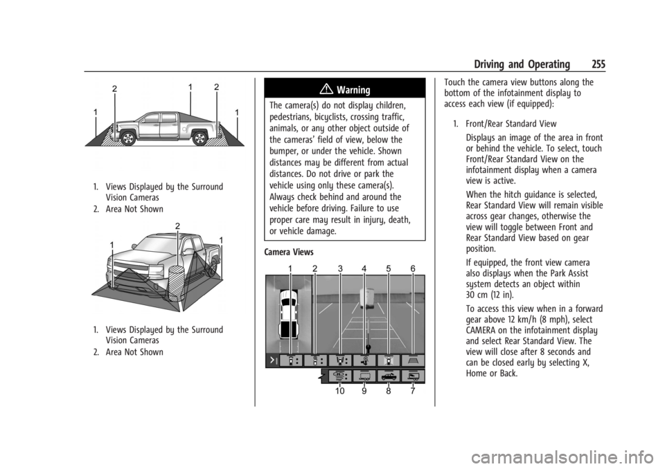 GMC SIERRA 2024 Owners Manual GMC Sierra/Sierra Denali 2500 HD/3500 HD Owner Manual (GMNA-
Localizing-U.S./Canada-16908340) - 2024 - CRC - 12/13/22
Driving and Operating 255
1. Views Displayed by the SurroundVision Cameras
2. Area GMC SIERRA 2024 Owners Manual GMC Sierra/Sierra Denali 2500 HD/3500 HD Owner Manual (GMNA-
Localizing-U.S./Canada-16908340) - 2024 - CRC - 12/13/22
Driving and Operating 255
1. Views Displayed by the SurroundVision Cameras
2. Area