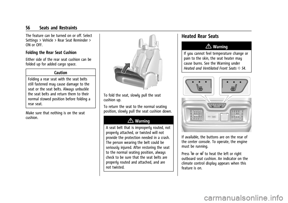 GMC SIERRA 2024 Workshop Manual GMC Sierra/Sierra Denali 2500 HD/3500 HD Owner Manual (GMNA-
Localizing-U.S./Canada-16908340) - 2024 - CRC - 12/7/22
56 Seats and Restraints
The feature can be turned on or off. Select
Settings > Vehi GMC SIERRA 2024 Workshop Manual GMC Sierra/Sierra Denali 2500 HD/3500 HD Owner Manual (GMNA-
Localizing-U.S./Canada-16908340) - 2024 - CRC - 12/7/22
56 Seats and Restraints
The feature can be turned on or off. Select
Settings > Vehi