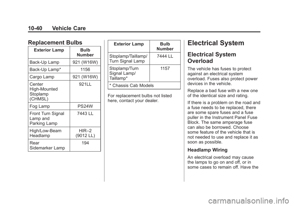 GMC SIERRA DENALI 2015 Owners Manual Black plate (40,1)GMC 2015i Sierra Denali Owner Manual (GMNA-Localizing-U.S./Canada/
Mexico-8431500) - 2015 - crc - 6/20/14
10-40 Vehicle Care
Replacement Bulbs Exterior Lamp Bulb
Number
Back-Up Lamp GMC SIERRA DENALI 2015 Owners Manual Black plate (40,1)GMC 2015i Sierra Denali Owner Manual (GMNA-Localizing-U.S./Canada/
Mexico-8431500) - 2015 - crc - 6/20/14
10-40 Vehicle Care
Replacement Bulbs Exterior Lamp Bulb
Number
Back-Up Lamp