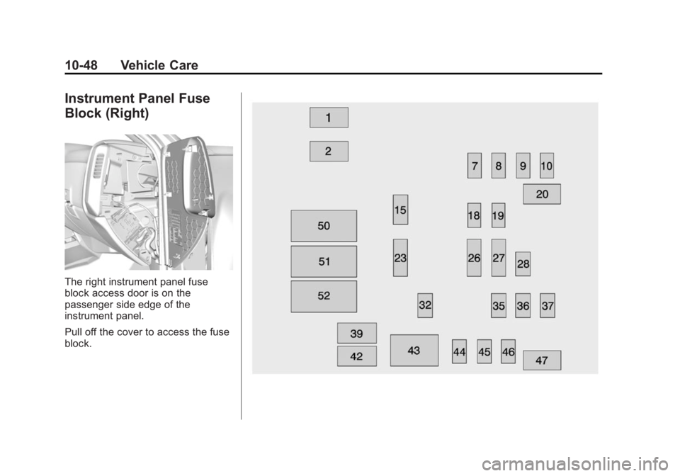 GMC SIERRA DENALI 2015 Owners Manual Black plate (48,1)GMC 2015i Sierra Denali Owner Manual (GMNA-Localizing-U.S./Canada/
Mexico-8431500) - 2015 - crc - 6/20/14
10-48 Vehicle Care
Instrument Panel Fuse
Block (Right)
The right instrument GMC SIERRA DENALI 2015 Owners Manual Black plate (48,1)GMC 2015i Sierra Denali Owner Manual (GMNA-Localizing-U.S./Canada/
Mexico-8431500) - 2015 - crc - 6/20/14
10-48 Vehicle Care
Instrument Panel Fuse
Block (Right)
The right instrument