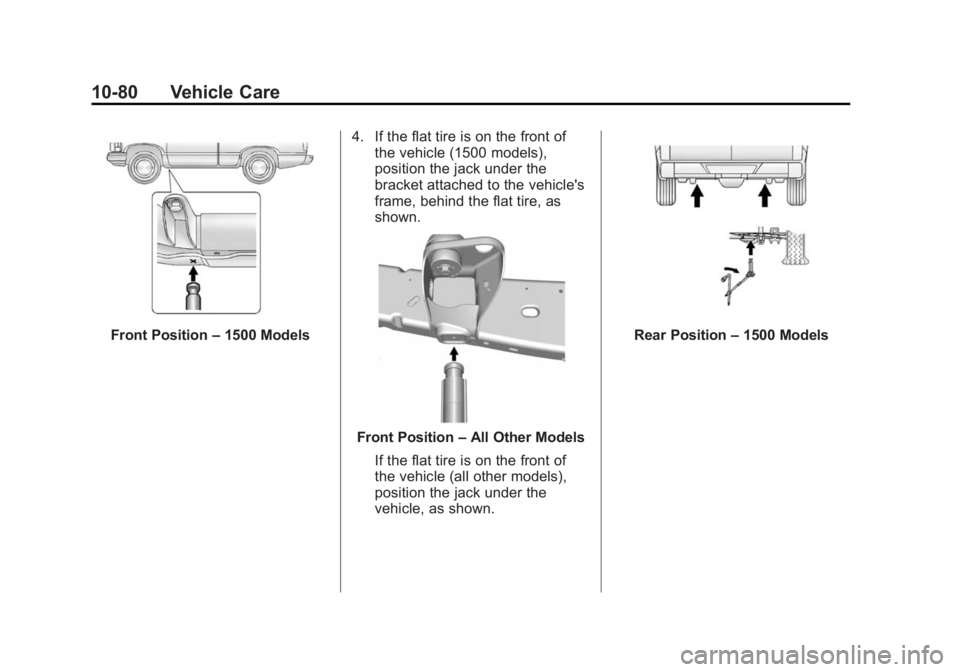 GMC SIERRA DENALI 2015 Owners Guide Black plate (80,1)GMC 2015i Sierra Denali Owner Manual (GMNA-Localizing-U.S./Canada/
Mexico-8431500) - 2015 - crc - 6/20/14
10-80 Vehicle Care
Front Position – 1500 Models 4. If the flat tire is on 