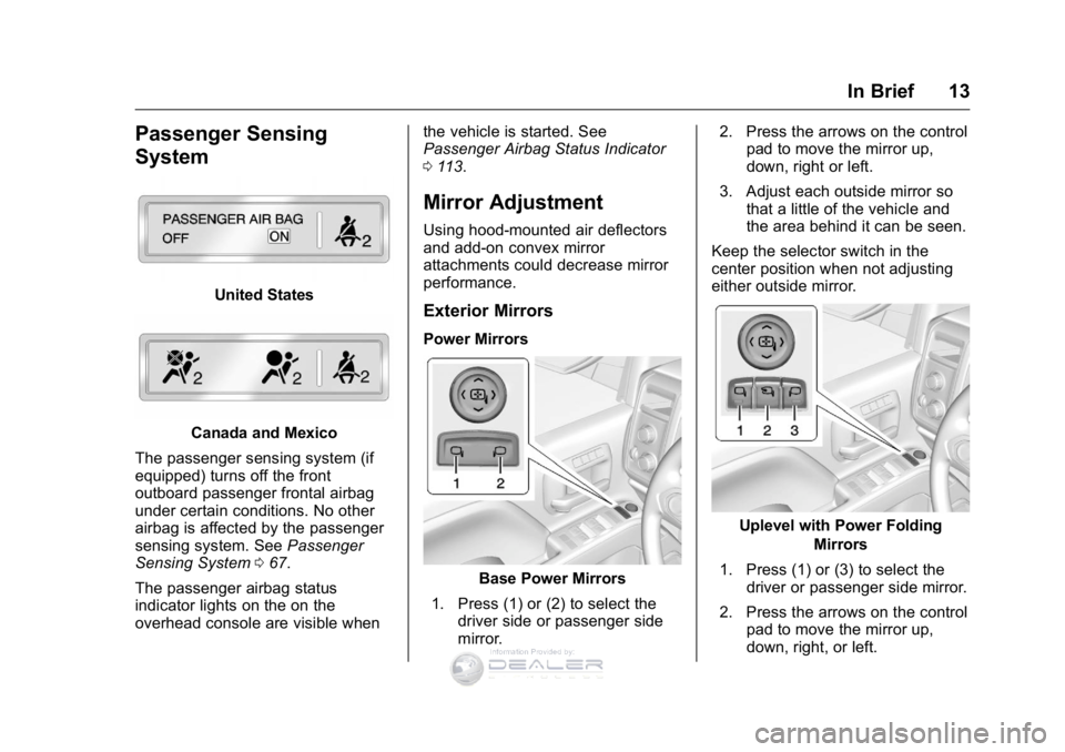 GMC SIERRA DENALI 2016 User Guide GMC Sierra Denali Owner Manual (GMNA-Localizing-U.S./Canada/Mexico-
9234761) - 2016 - crc - 7/24/15
In Brief 13
Passenger Sensing
System
United States
Canada and Mexico
The passenger sensing system (i
