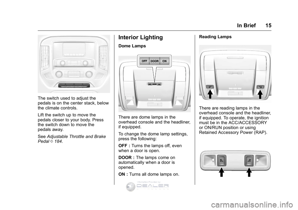 GMC SIERRA DENALI 2016 User Guide GMC Sierra Denali Owner Manual (GMNA-Localizing-U.S./Canada/Mexico-
9234761) - 2016 - crc - 7/24/15
In Brief 15
The switch used to adjust the
pedals is on the center stack, below
the climate controls.
