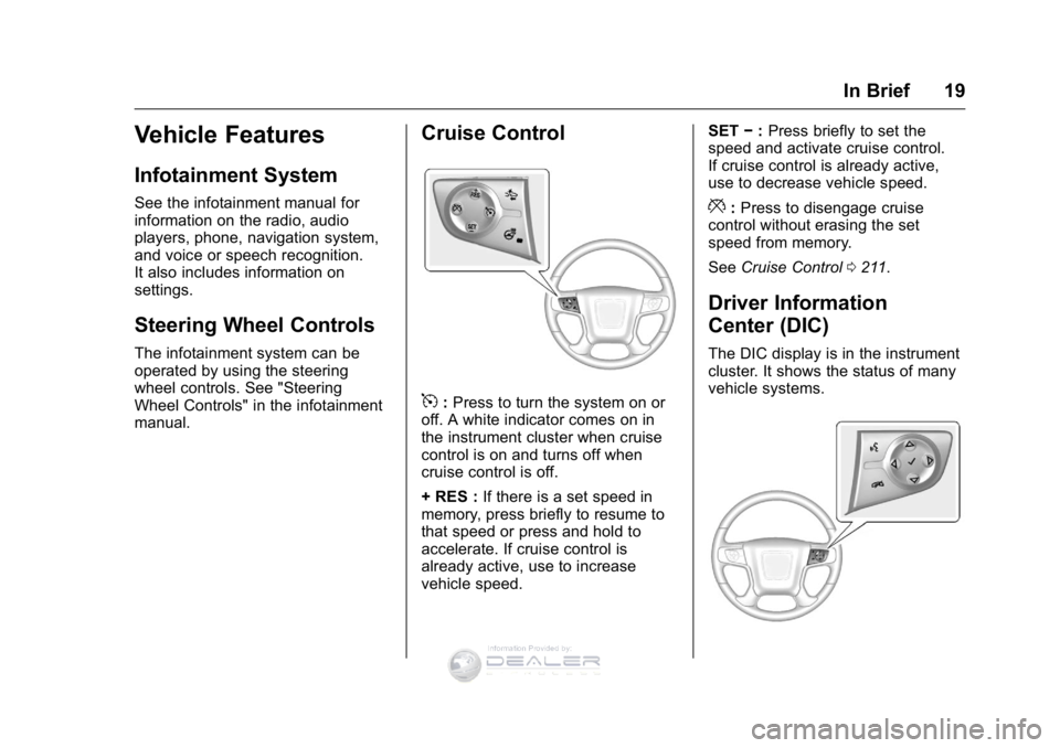 GMC SIERRA DENALI 2016 User Guide GMC Sierra Denali Owner Manual (GMNA-Localizing-U.S./Canada/Mexico-
9234761) - 2016 - crc - 7/24/15
In Brief 19
Vehicle Features
Infotainment System
See the infotainment manual for
information on the 