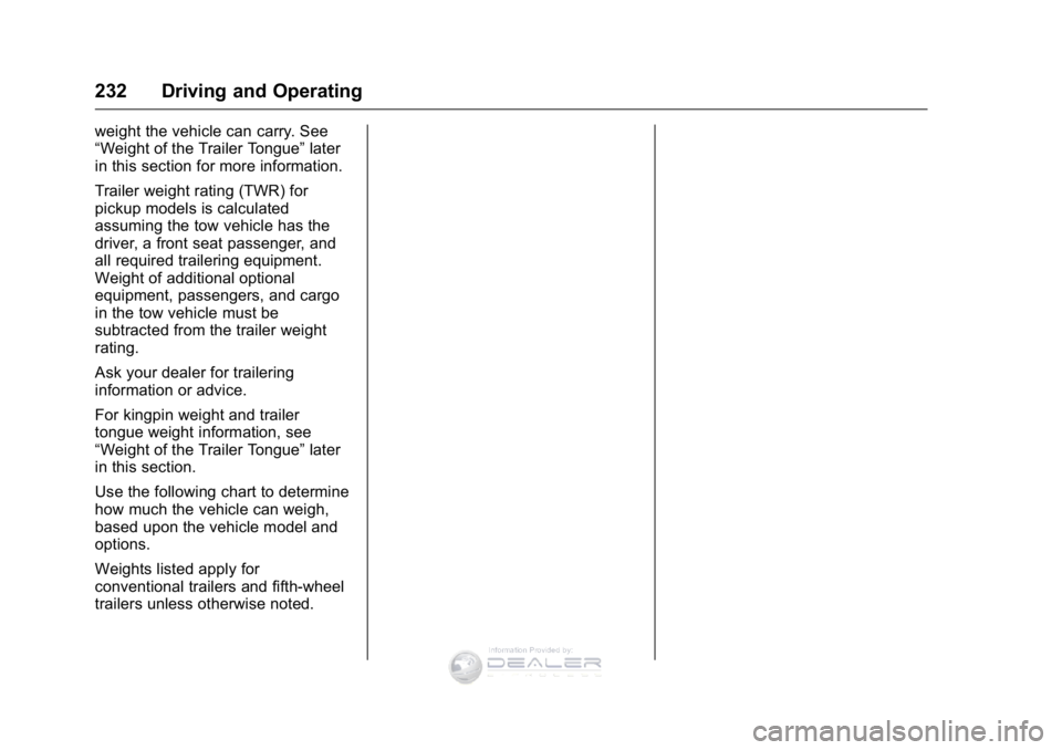 GMC SIERRA DENALI 2016 Owners Manual GMC Sierra Denali Owner Manual (GMNA-Localizing-U.S./Canada/Mexico-
9234761) - 2016 - crc - 7/24/15
232 Driving and Operating
weight the vehicle can carry. See
“Weight of the Trailer Tongue”later
GMC SIERRA DENALI 2016 Owners Manual GMC Sierra Denali Owner Manual (GMNA-Localizing-U.S./Canada/Mexico-
9234761) - 2016 - crc - 7/24/15
232 Driving and Operating
weight the vehicle can carry. See
“Weight of the Trailer Tongue”later