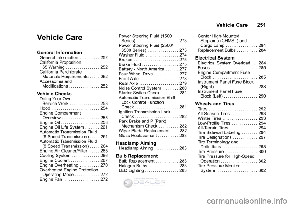 GMC SIERRA DENALI 2016 Owners Manual GMC Sierra Denali Owner Manual (GMNA-Localizing-U.S./Canada/Mexico-
9234761) - 2016 - crc - 7/24/15
Vehicle Care 251
Vehicle Care
General Information
General Information . . . . . . . . . . 252
Califo GMC SIERRA DENALI 2016 Owners Manual GMC Sierra Denali Owner Manual (GMNA-Localizing-U.S./Canada/Mexico-
9234761) - 2016 - crc - 7/24/15
Vehicle Care 251
Vehicle Care
General Information
General Information . . . . . . . . . . 252
Califo
