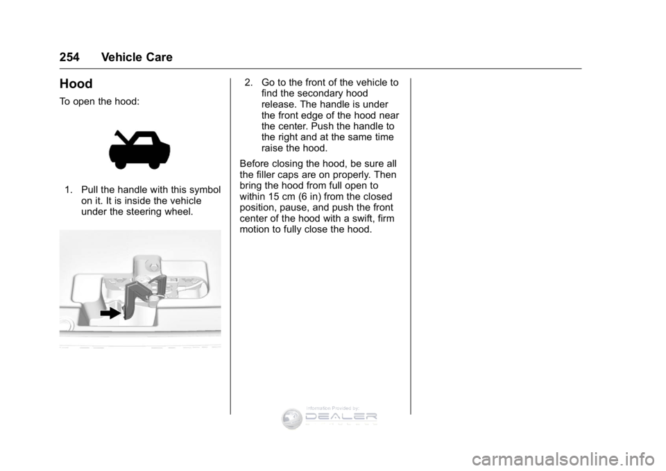 GMC SIERRA DENALI 2016 Owners Manual GMC Sierra Denali Owner Manual (GMNA-Localizing-U.S./Canada/Mexico-
9234761) - 2016 - crc - 7/24/15
254 Vehicle Care
Hood
To open the hood:
1. Pull the handle with this symbolon it. It is inside the v GMC SIERRA DENALI 2016 Owners Manual GMC Sierra Denali Owner Manual (GMNA-Localizing-U.S./Canada/Mexico-
9234761) - 2016 - crc - 7/24/15
254 Vehicle Care
Hood
To open the hood:
1. Pull the handle with this symbolon it. It is inside the v
