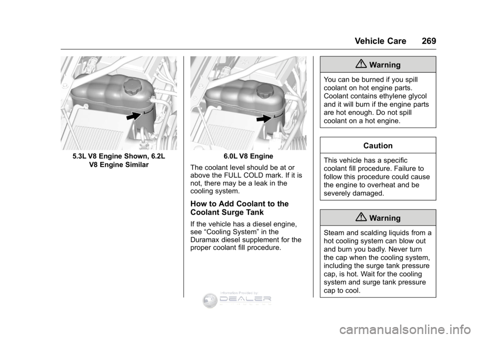 GMC SIERRA DENALI 2016 Owners Manual GMC Sierra Denali Owner Manual (GMNA-Localizing-U.S./Canada/Mexico-
9234761) - 2016 - crc - 7/24/15
Vehicle Care 269
5.3L V8 Engine Shown, 6.2LV8 Engine Similar6.0L V8 Engine
The coolant level should GMC SIERRA DENALI 2016 Owners Manual GMC Sierra Denali Owner Manual (GMNA-Localizing-U.S./Canada/Mexico-
9234761) - 2016 - crc - 7/24/15
Vehicle Care 269
5.3L V8 Engine Shown, 6.2LV8 Engine Similar6.0L V8 Engine
The coolant level should