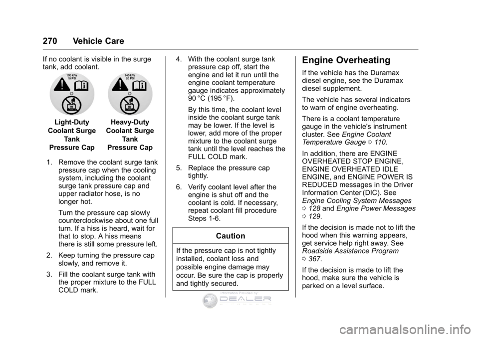 GMC SIERRA DENALI 2016  Owners Manual GMC Sierra Denali Owner Manual (GMNA-Localizing-U.S./Canada/Mexico-
9234761) - 2016 - crc - 7/24/15
270 Vehicle Care
If no coolant is visible in the surge
tank, add coolant.
Light-Duty
Coolant Surge T