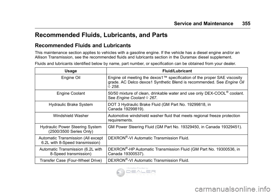 GMC SIERRA DENALI 2016  Owners Manual GMC Sierra Denali Owner Manual (GMNA-Localizing-U.S./Canada/Mexico-
9234761) - 2016 - crc - 7/24/15
Service and Maintenance 355
Recommended Fluids, Lubricants, and Parts
Recommended Fluids and Lubrica