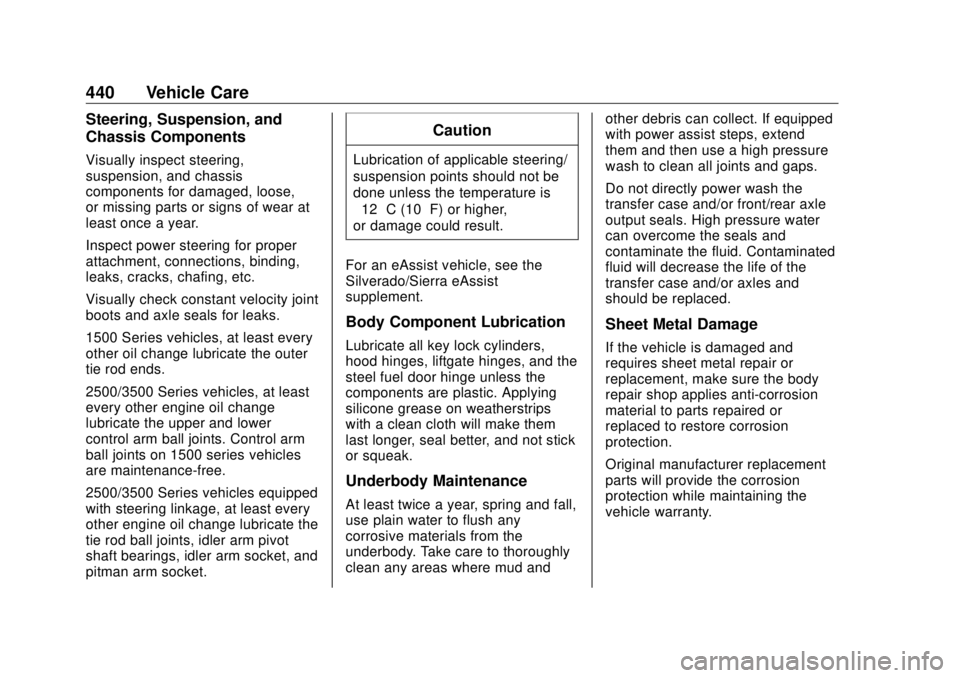 GMC SIERRA DENALI 2018 Owners Manual GMC Sierra/Sierra Denali Owner Manual (GMNA-Localizing-U.S./Canada/
Mexico-11349177) - 2018 - CRC - 10/17/17
440 Vehicle Care Steering, Suspension, and
Chassis Components Visually inspect steering,
su GMC SIERRA DENALI 2018 Owners Manual GMC Sierra/Sierra Denali Owner Manual (GMNA-Localizing-U.S./Canada/
Mexico-11349177) - 2018 - CRC - 10/17/17
440 Vehicle Care Steering, Suspension, and
Chassis Components Visually inspect steering,
su
