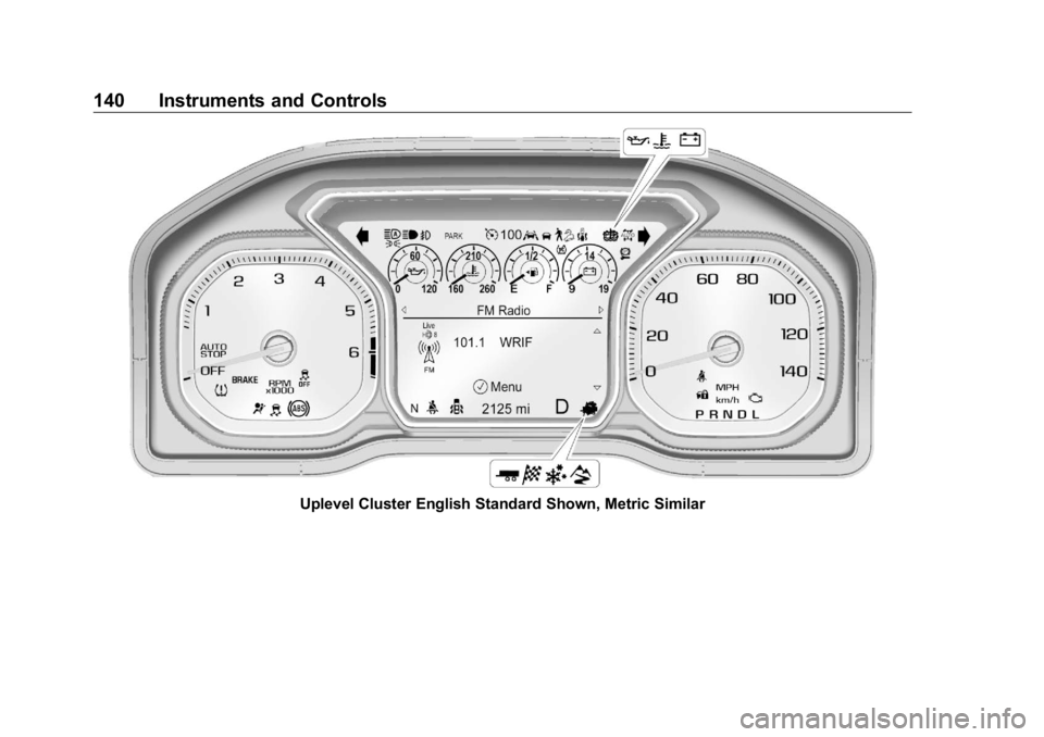 GMC SIERRA DENALI 2019 Owners Manual GMC Sierra/Sierra Denali Owner Manual (GMNA-Localizing-U.S./Canada/
Mexico-1500-11698638) - 2019 - crc - 5/15/18
140 Instruments and Controls
Uplevel Cluster English Standard Shown, Metric Similar GMC SIERRA DENALI 2019 Owners Manual GMC Sierra/Sierra Denali Owner Manual (GMNA-Localizing-U.S./Canada/
Mexico-1500-11698638) - 2019 - crc - 5/15/18
140 Instruments and Controls
Uplevel Cluster English Standard Shown, Metric Similar