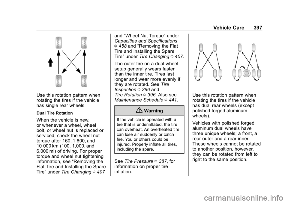 GMC SIERRA DENALI 2020 Owners Manual GMC Sierra/Sierra Denali Owner Manual (GMNA-Localizing-U.S./Canada/
Mexico-13337776) - 2020 - CRC - 8/27/19
Vehicle Care 397
Use this rotation pattern when
rotating the tires if the vehicle
has single GMC SIERRA DENALI 2020 Owners Manual GMC Sierra/Sierra Denali Owner Manual (GMNA-Localizing-U.S./Canada/
Mexico-13337776) - 2020 - CRC - 8/27/19
Vehicle Care 397
Use this rotation pattern when
rotating the tires if the vehicle
has single