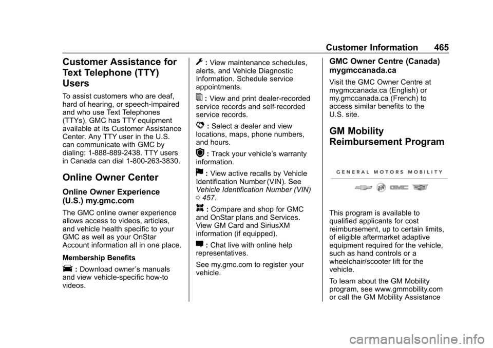 GMC SIERRA DENALI 2020 Owners Manual GMC Sierra/Sierra Denali Owner Manual (GMNA-Localizing-U.S./Canada/
Mexico-13337776) - 2020 - CRC - 8/27/19
Customer Information 465
Customer Assistance for
Text Telephone (TTY)
Users
To assist custom GMC SIERRA DENALI 2020 Owners Manual GMC Sierra/Sierra Denali Owner Manual (GMNA-Localizing-U.S./Canada/
Mexico-13337776) - 2020 - CRC - 8/27/19
Customer Information 465
Customer Assistance for
Text Telephone (TTY)
Users
To assist custom