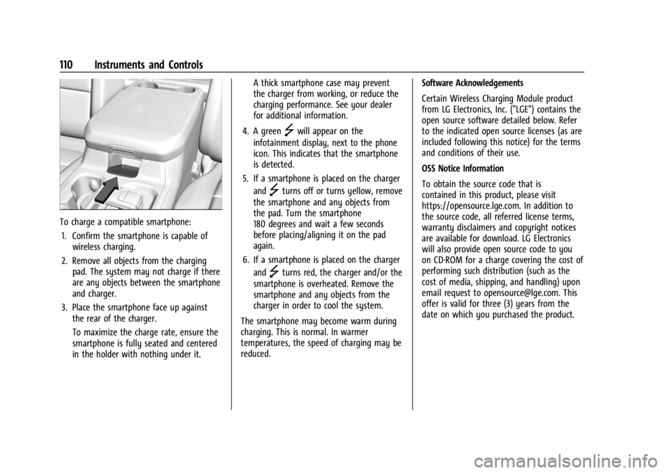 GMC SIERRA DENALI 2024  Owners Manual GMC Sierra/Sierra Denali 2500 HD/3500 HD Owner Manual (GMNA-
Localizing-U.S./Canada-16908340) - 2024 - CRC - 12/15/22
110 Instruments and Controls
To charge a compatible smartphone:1. Confirm the smar