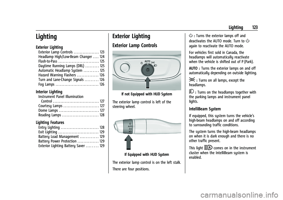 GMC TERRAIN 2022  Owners Manual GMC Terrain/Terrain Denali Owner Manual (GMNA-Localizing-U.S./Canada/
Mexico-16540740) - 2023 - CRC - 6/16/22
Lighting 123
Lighting
Exterior Lighting
Exterior Lamp Controls . . . . . . . . . . . . . .