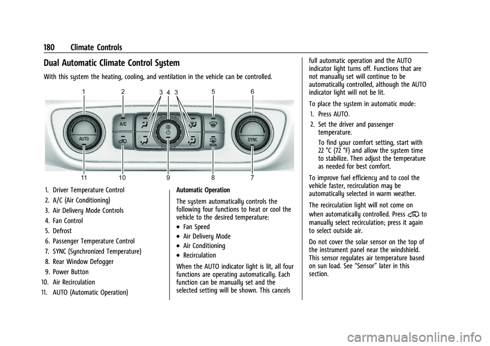 GMC TERRAIN 2022 User Guide GMC Terrain/Terrain Denali Owner Manual (GMNA-Localizing-U.S./Canada/
Mexico-16540740) - 2023 - CRC - 6/16/22
180 Climate Controls
Dual Automatic Climate Control System
With this system the heating, c