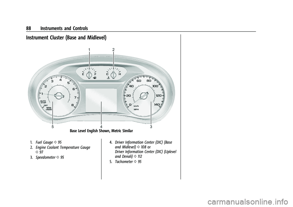 GMC TERRAIN 2022  Owners Manual GMC Terrain/Terrain Denali Owner Manual (GMNA-Localizing-U.S./Canada/
Mexico-16540740) - 2023 - CRC - 6/16/22
88 Instruments and Controls
Instrument Cluster (Base and Midlevel)
Base Level English Show