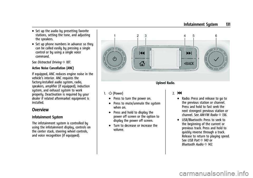 GMC TERRAIN 2023 Owners Manual GMC Terrain/Terrain Denali Owner Manual (GMNA-Localizing-U.S./Canada/
Mexico-16540740) - 2023 - CRC - 6/16/22
Infotainment System 131
.Set up the audio by presetting favorite
stations, setting the ton GMC TERRAIN 2023 Owners Manual GMC Terrain/Terrain Denali Owner Manual (GMNA-Localizing-U.S./Canada/
Mexico-16540740) - 2023 - CRC - 6/16/22
Infotainment System 131
.Set up the audio by presetting favorite
stations, setting the ton