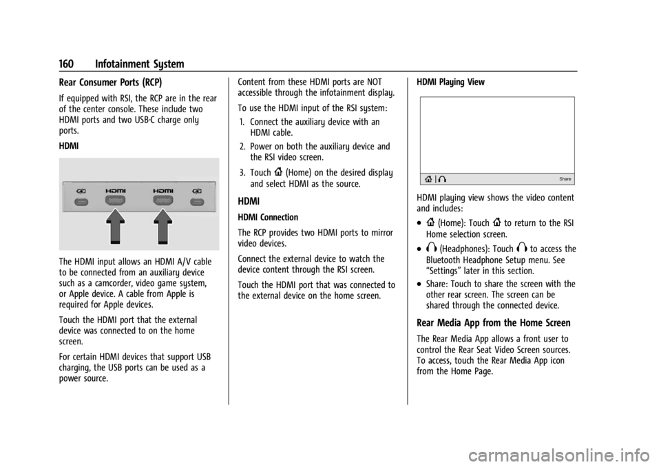 GMC YUKON 2022 Owners Manual GMC Yukon/Yukon XL/Denali Owner Manual (GMNA-Localizing-U.S./
Canada/Mexico-15555988) - 2022 - CRC - 12/3/21
160 Infotainment System
Rear Consumer Ports (RCP)
If equipped with RSI, the RCP are in the GMC YUKON 2022 Owners Manual GMC Yukon/Yukon XL/Denali Owner Manual (GMNA-Localizing-U.S./
Canada/Mexico-15555988) - 2022 - CRC - 12/3/21
160 Infotainment System
Rear Consumer Ports (RCP)
If equipped with RSI, the RCP are in the