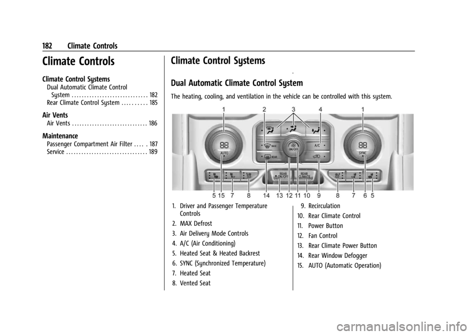 GMC YUKON 2022 User Guide GMC Yukon/Yukon XL/Denali Owner Manual (GMNA-Localizing-U.S./
Canada/Mexico-15555988) - 2022 - CRC - 12/3/21
182 Climate Controls
Climate Controls
Climate Control Systems
Dual Automatic Climate Contro GMC YUKON 2022 User Guide GMC Yukon/Yukon XL/Denali Owner Manual (GMNA-Localizing-U.S./
Canada/Mexico-15555988) - 2022 - CRC - 12/3/21
182 Climate Controls
Climate Controls
Climate Control Systems
Dual Automatic Climate Contro