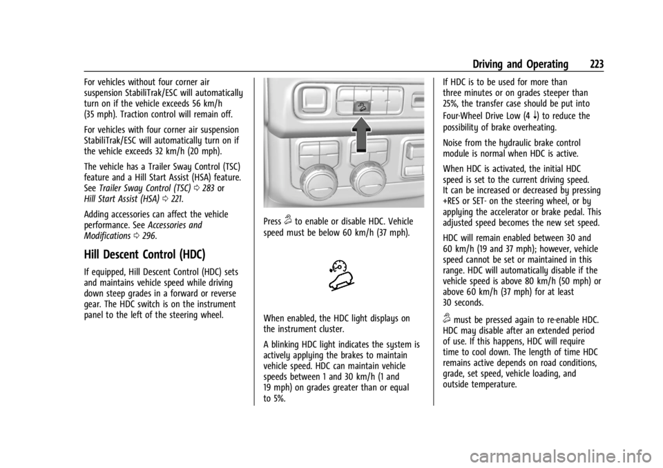 GMC YUKON 2022 Owners Manual GMC Yukon/Yukon XL/Denali Owner Manual (GMNA-Localizing-U.S./
Canada/Mexico-15555988) - 2022 - CRC - 12/3/21
Driving and Operating 223
For vehicles without four corner air
suspension StabiliTrak/ESC w GMC YUKON 2022 Owners Manual GMC Yukon/Yukon XL/Denali Owner Manual (GMNA-Localizing-U.S./
Canada/Mexico-15555988) - 2022 - CRC - 12/3/21
Driving and Operating 223
For vehicles without four corner air
suspension StabiliTrak/ESC w