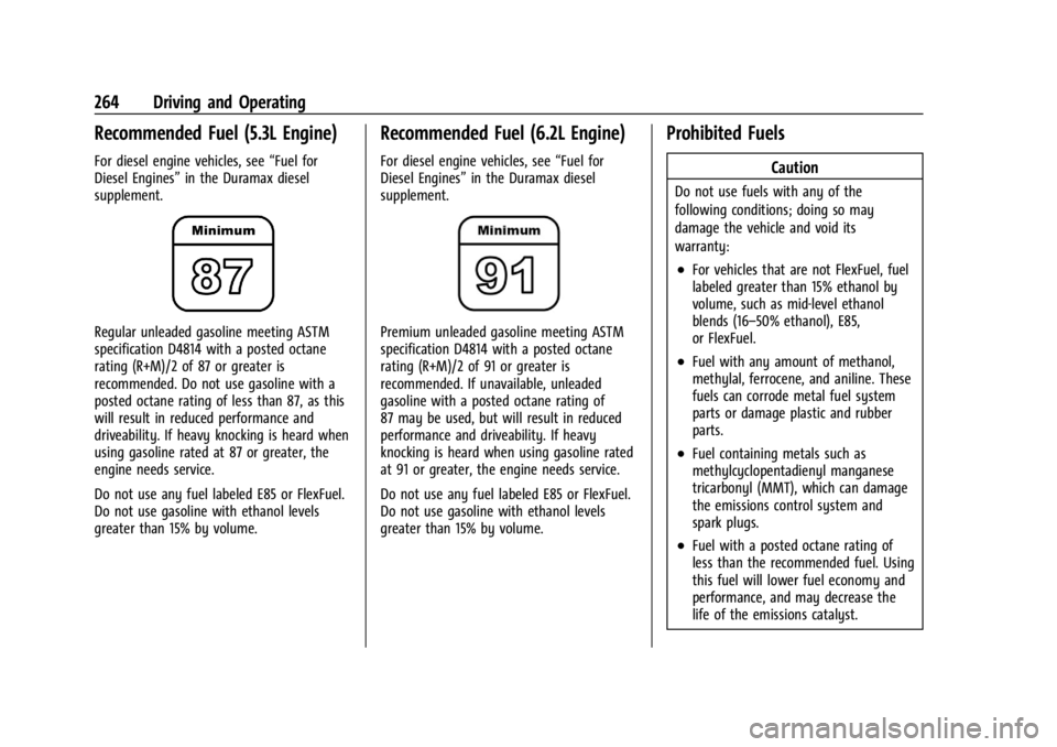 GMC YUKON 2022 Owners Manual GMC Yukon/Yukon XL/Denali Owner Manual (GMNA-Localizing-U.S./
Canada/Mexico-15555988) - 2022 - CRC - 12/3/21
264 Driving and Operating
Recommended Fuel (5.3L Engine)
For diesel engine vehicles, see“ GMC YUKON 2022 Owners Manual GMC Yukon/Yukon XL/Denali Owner Manual (GMNA-Localizing-U.S./
Canada/Mexico-15555988) - 2022 - CRC - 12/3/21
264 Driving and Operating
Recommended Fuel (5.3L Engine)
For diesel engine vehicles, see“
