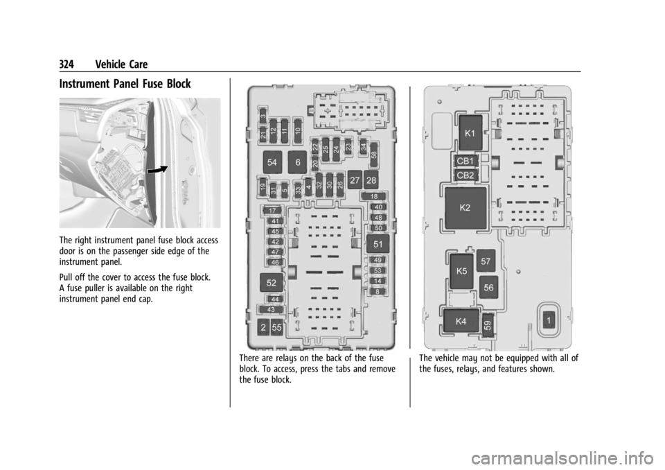 GMC YUKON 2022 Owners Manual GMC Yukon/Yukon XL/Denali Owner Manual (GMNA-Localizing-U.S./
Canada/Mexico-15555988) - 2022 - CRC - 12/3/21
324 Vehicle Care
Instrument Panel Fuse Block
The right instrument panel fuse block access
d GMC YUKON 2022 Owners Manual GMC Yukon/Yukon XL/Denali Owner Manual (GMNA-Localizing-U.S./
Canada/Mexico-15555988) - 2022 - CRC - 12/3/21
324 Vehicle Care
Instrument Panel Fuse Block
The right instrument panel fuse block access
d