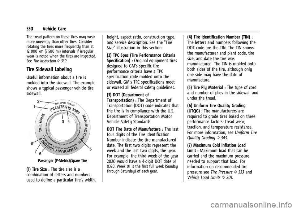 GMC YUKON 2022 Owners Manual GMC Yukon/Yukon XL/Denali Owner Manual (GMNA-Localizing-U.S./
Canada/Mexico-15555988) - 2022 - CRC - 12/3/21
330 Vehicle Care
The tread pattern on these tires may wear
more unevenly than other tires. GMC YUKON 2022 Owners Manual GMC Yukon/Yukon XL/Denali Owner Manual (GMNA-Localizing-U.S./
Canada/Mexico-15555988) - 2022 - CRC - 12/3/21
330 Vehicle Care
The tread pattern on these tires may wear
more unevenly than other tires.