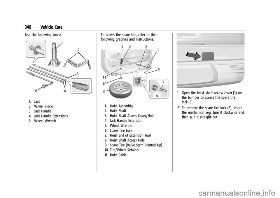 GMC YUKON 2022 Owners Manual GMC Yukon/Yukon XL/Denali Owner Manual (GMNA-Localizing-U.S./
Canada/Mexico-15555988) - 2022 - CRC - 12/3/21
348 Vehicle Care
Use the following tools:
1. Jack
2. Wheel Blocks
3. Jack Handle
4. Jack Ha GMC YUKON 2022 Owners Manual GMC Yukon/Yukon XL/Denali Owner Manual (GMNA-Localizing-U.S./
Canada/Mexico-15555988) - 2022 - CRC - 12/3/21
348 Vehicle Care
Use the following tools:
1. Jack
2. Wheel Blocks
3. Jack Handle
4. Jack Ha