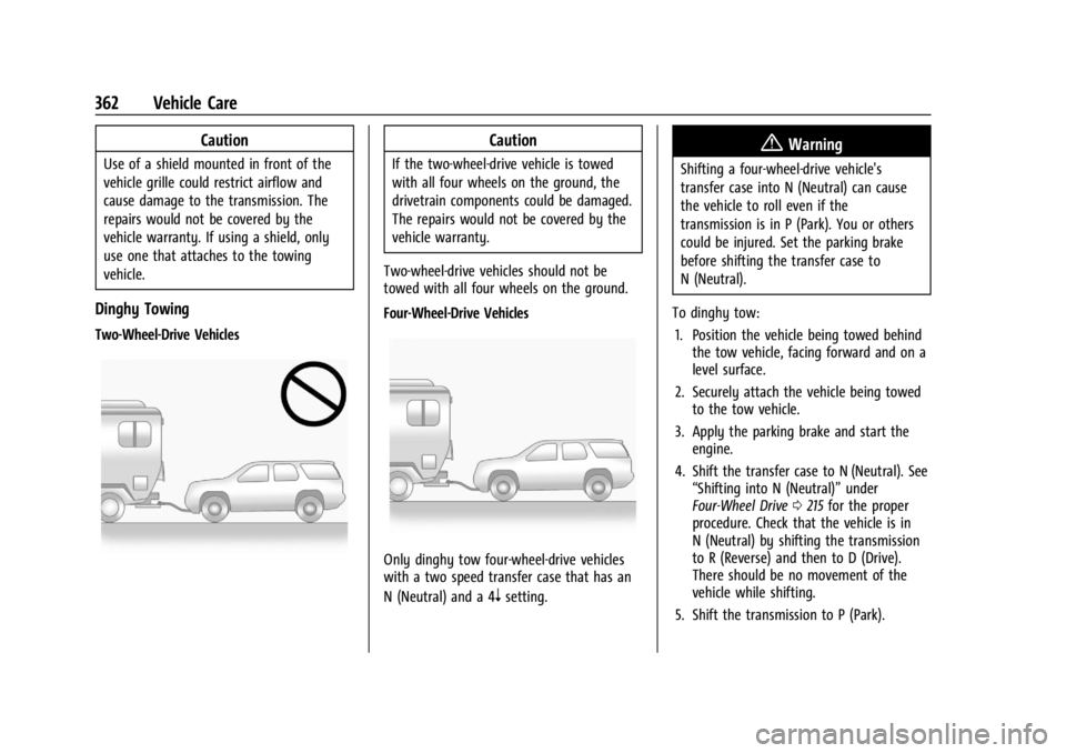 GMC YUKON 2022 Owners Guide GMC Yukon/Yukon XL/Denali Owner Manual (GMNA-Localizing-U.S./
Canada/Mexico-15555988) - 2022 - CRC - 12/3/21
362 Vehicle Care
Caution
Use of a shield mounted in front of the
vehicle grille could restr GMC YUKON 2022 Owners Guide GMC Yukon/Yukon XL/Denali Owner Manual (GMNA-Localizing-U.S./
Canada/Mexico-15555988) - 2022 - CRC - 12/3/21
362 Vehicle Care
Caution
Use of a shield mounted in front of the
vehicle grille could restr