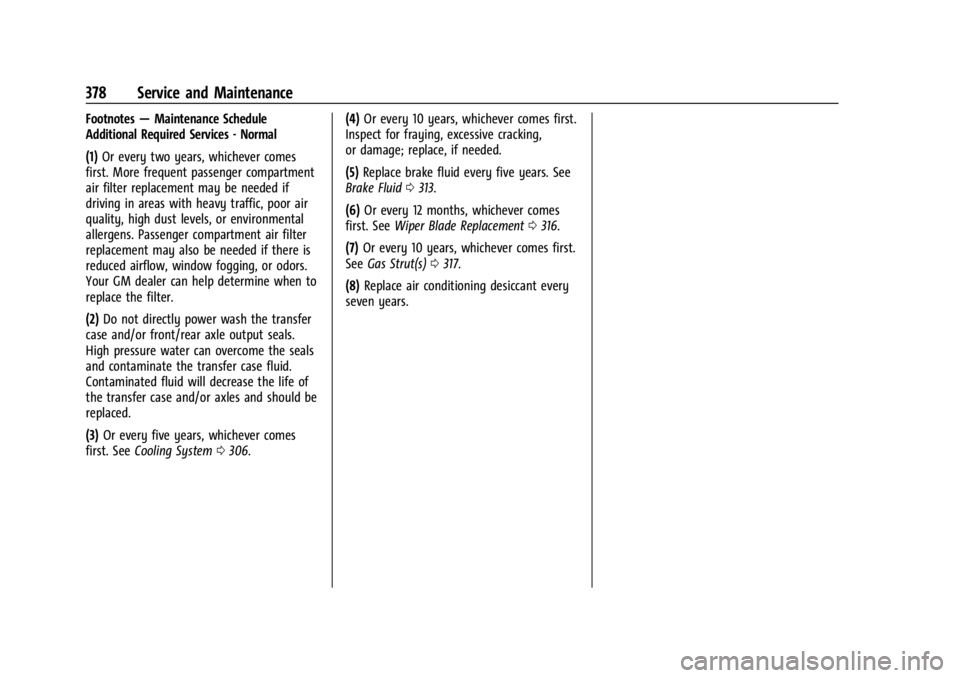 GMC YUKON 2022 Owners Manual GMC Yukon/Yukon XL/Denali Owner Manual (GMNA-Localizing-U.S./
Canada/Mexico-15555988) - 2022 - CRC - 12/3/21
378 Service and Maintenance
Footnotes—Maintenance Schedule
Additional Required Services - GMC YUKON 2022 Owners Manual GMC Yukon/Yukon XL/Denali Owner Manual (GMNA-Localizing-U.S./
Canada/Mexico-15555988) - 2022 - CRC - 12/3/21
378 Service and Maintenance
Footnotes—Maintenance Schedule
Additional Required Services -