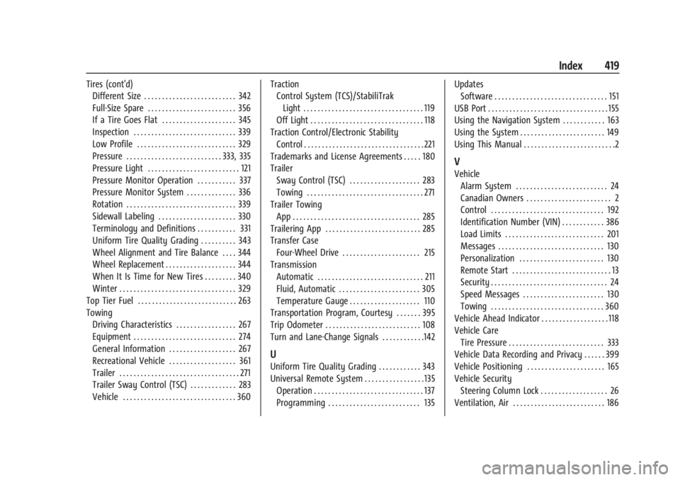 GMC YUKON 2022 Owners Manual GMC Yukon/Yukon XL/Denali Owner Manual (GMNA-Localizing-U.S./Cana-
da/Mexico-15555988) - 2022 - RegulatoryCompliance - 12/3/21
Index 419
Tires (cont'd)Different Size . . . . . . . . . . . . . . . GMC YUKON 2022 Owners Manual GMC Yukon/Yukon XL/Denali Owner Manual (GMNA-Localizing-U.S./Cana-
da/Mexico-15555988) - 2022 - RegulatoryCompliance - 12/3/21
Index 419
Tires (cont'd)Different Size . . . . . . . . . . . . . . .
