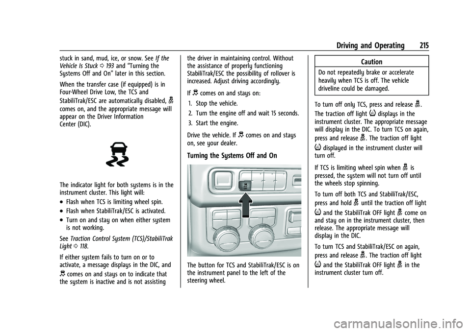 GMC YUKON 2023 User Guide GMC Yukon/Yukon XL/Denali Owner Manual (GMNA-Localizing-U.S./
Canada/Mexico-16417394) - 2023 - CRC - 5/16/22
Driving and Operating 215
stuck in sand, mud, ice, or snow. SeeIf the
Vehicle Is Stuck 0193 GMC YUKON 2023 User Guide GMC Yukon/Yukon XL/Denali Owner Manual (GMNA-Localizing-U.S./
Canada/Mexico-16417394) - 2023 - CRC - 5/16/22
Driving and Operating 215
stuck in sand, mud, ice, or snow. SeeIf the
Vehicle Is Stuck 0193