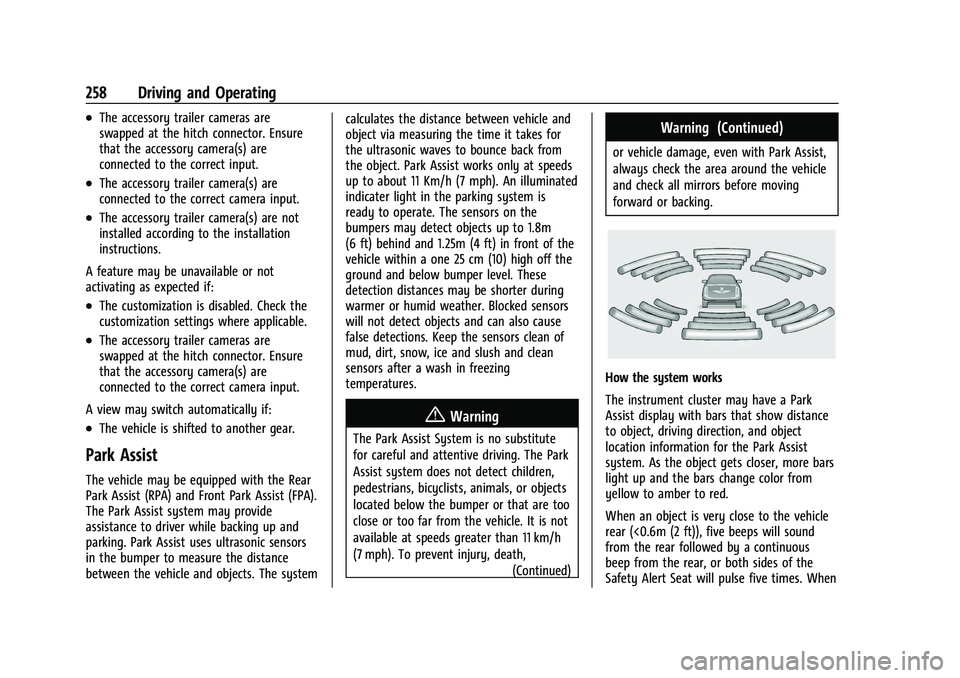 GMC YUKON 2023 Owners Manual GMC Yukon/Yukon XL/Denali Owner Manual (GMNA-Localizing-U.S./
Canada/Mexico-16417394) - 2023 - CRC - 5/16/22
258 Driving and Operating
.The accessory trailer cameras are
swapped at the hitch connector GMC YUKON 2023 Owners Manual GMC Yukon/Yukon XL/Denali Owner Manual (GMNA-Localizing-U.S./
Canada/Mexico-16417394) - 2023 - CRC - 5/16/22
258 Driving and Operating
.The accessory trailer cameras are
swapped at the hitch connector