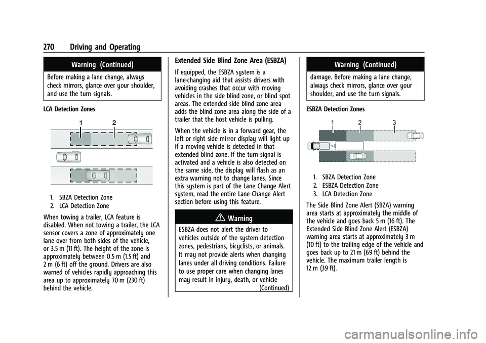 GMC YUKON 2023 Owners Manual GMC Yukon/Yukon XL/Denali Owner Manual (GMNA-Localizing-U.S./
Canada/Mexico-16417394) - 2023 - CRC - 5/16/22
270 Driving and Operating
Warning (Continued)
Before making a lane change, always
check mir GMC YUKON 2023 Owners Manual GMC Yukon/Yukon XL/Denali Owner Manual (GMNA-Localizing-U.S./
Canada/Mexico-16417394) - 2023 - CRC - 5/16/22
270 Driving and Operating
Warning (Continued)
Before making a lane change, always
check mir