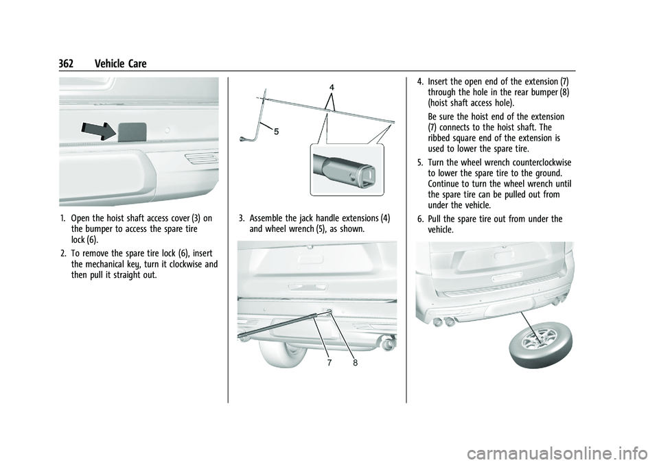 GMC YUKON 2023 Workshop Manual GMC Yukon/Yukon XL/Denali Owner Manual (GMNA-Localizing-U.S./
Canada/Mexico-16417394) - 2023 - CRC - 4/26/22
362 Vehicle Care
1. Open the hoist shaft access cover (3) onthe bumper to access the spare GMC YUKON 2023 Workshop Manual GMC Yukon/Yukon XL/Denali Owner Manual (GMNA-Localizing-U.S./
Canada/Mexico-16417394) - 2023 - CRC - 4/26/22
362 Vehicle Care
1. Open the hoist shaft access cover (3) onthe bumper to access the spare