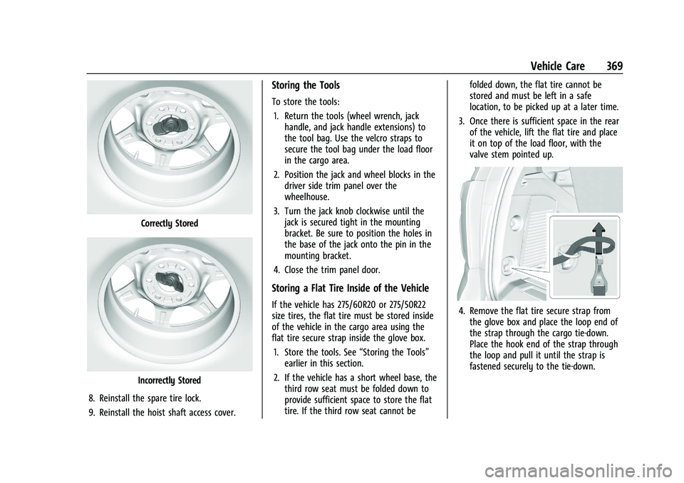 GMC YUKON 2023 User Guide GMC Yukon/Yukon XL/Denali Owner Manual (GMNA-Localizing-U.S./
Canada/Mexico-16417394) - 2023 - CRC - 4/26/22
Vehicle Care 369
Correctly Stored
Incorrectly Stored
8. Reinstall the spare tire lock.
9. R