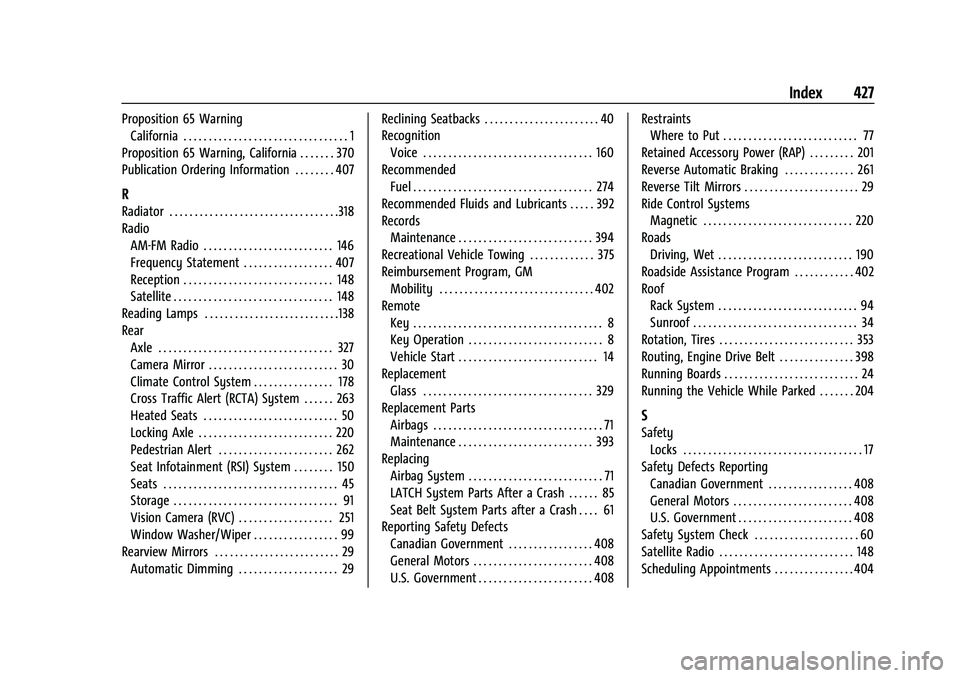 GMC YUKON 2023 Workshop Manual GMC Yukon/Yukon XL/Denali Owner Manual (GMNA-Localizing-U.S./Cana-
da/Mexico-16417394) - 2023 - CRC - 5/11/22
Index 427
Proposition 65 WarningCalifornia . . . . . . . . . . . . . . . . . . . . . . . . GMC YUKON 2023 Workshop Manual GMC Yukon/Yukon XL/Denali Owner Manual (GMNA-Localizing-U.S./Cana-
da/Mexico-16417394) - 2023 - CRC - 5/11/22
Index 427
Proposition 65 WarningCalifornia . . . . . . . . . . . . . . . . . . . . . . . .