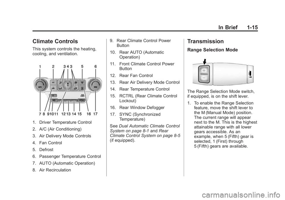 GMC YUKON DENALI 2015  Owners Manual Black plate (15,1)GMC 2015i Yukon Denali/Yukon XL Denali Owner Manual (GMNA-
Localizing-U.S./Canada/Mexico-8431504) - 2015 - CRC - 7/30/14
In Brief 1-15
Climate Controls
This system controls the heati