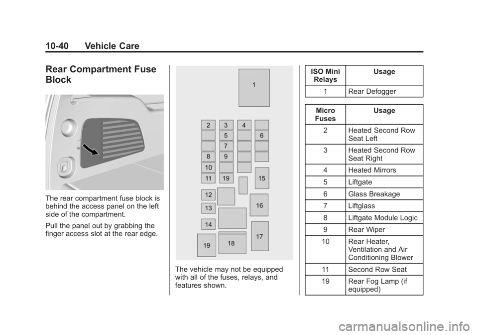 GMC YUKON DENALI 2015 Owners Manual Black plate (40,1)GMC 2015i Yukon Denali/Yukon XL Denali Owner Manual (GMNA-
Localizing-U.S./Canada/Mexico-8431504) - 2015 - CRC - 7/30/14
10-40 Vehicle Care
Rear Compartment Fuse
Block
The rear compa GMC YUKON DENALI 2015 Owners Manual Black plate (40,1)GMC 2015i Yukon Denali/Yukon XL Denali Owner Manual (GMNA-
Localizing-U.S./Canada/Mexico-8431504) - 2015 - CRC - 7/30/14
10-40 Vehicle Care
Rear Compartment Fuse
Block
The rear compa