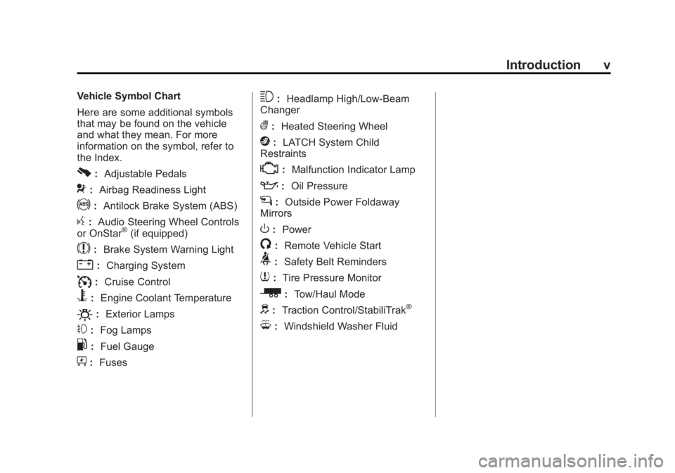 GMC YUKON DENALI 2015  Owners Manual Black plate (5,1)GMC 2015i Yukon Denali/Yukon XL Denali Owner Manual (GMNA-
Localizing-U.S./Canada/Mexico-8431504) - 2015 - CRC - 7/30/14
Introduction v
Vehicle Symbol Chart
Here are some additional s